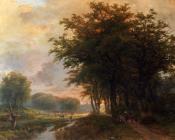 A Wooded River Valley With Peasants On A Path - 约翰·伯纳德·格隆贝克